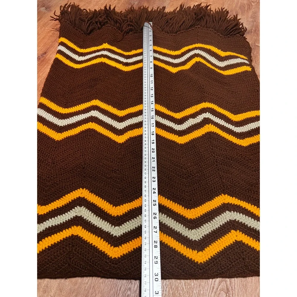 Handmade Crochet Throw Blanket Brown Orange Cream Excellent Retro 70s Chevron‎